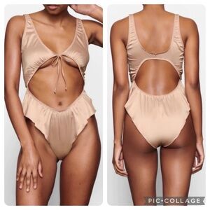 Skims Size XXS Woven Shine Tie Front Bodysuit AP-ONE-1448 Sand lingerie